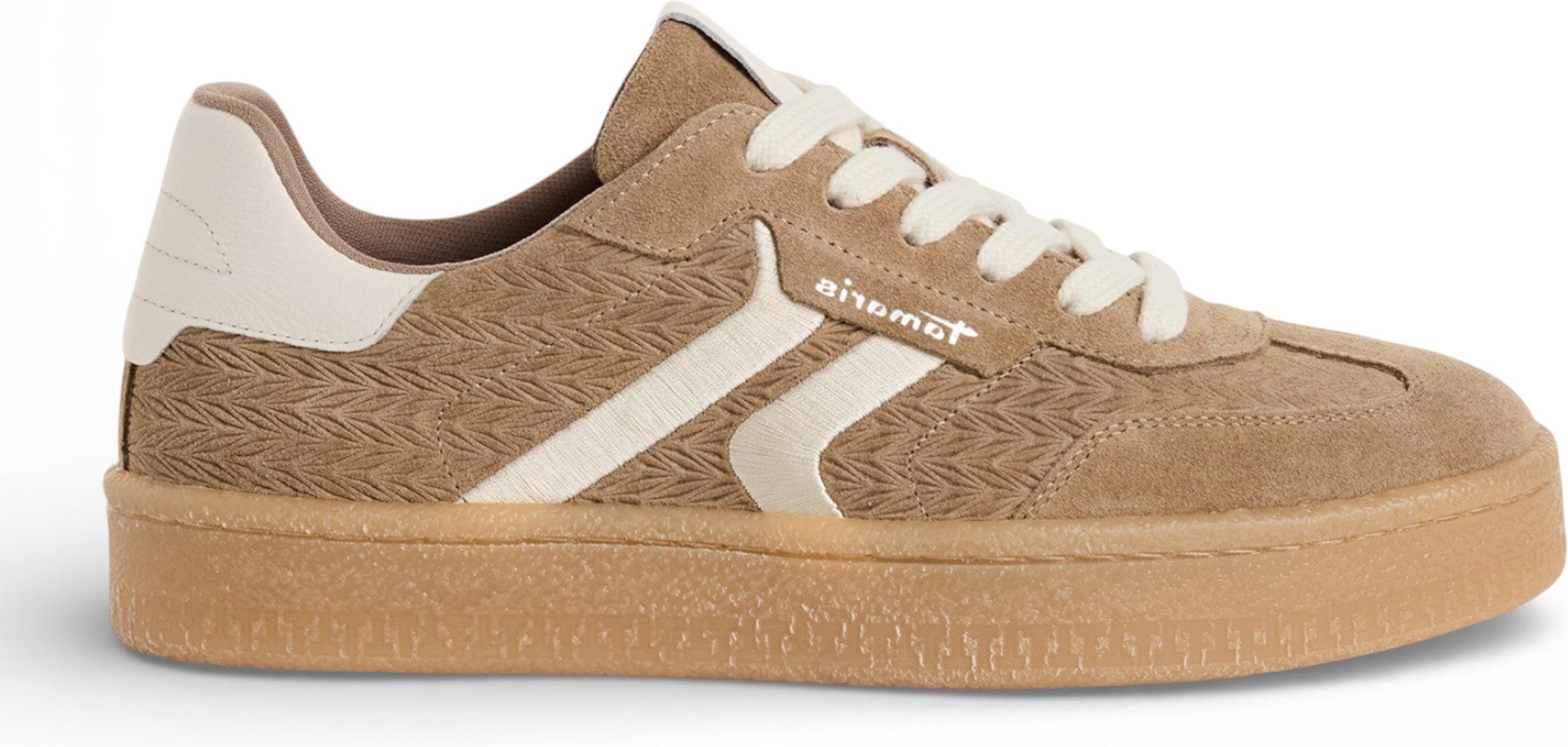 Tamaris Damen-Sneaker aus taupefarbenem Leder mit weißen Streifen