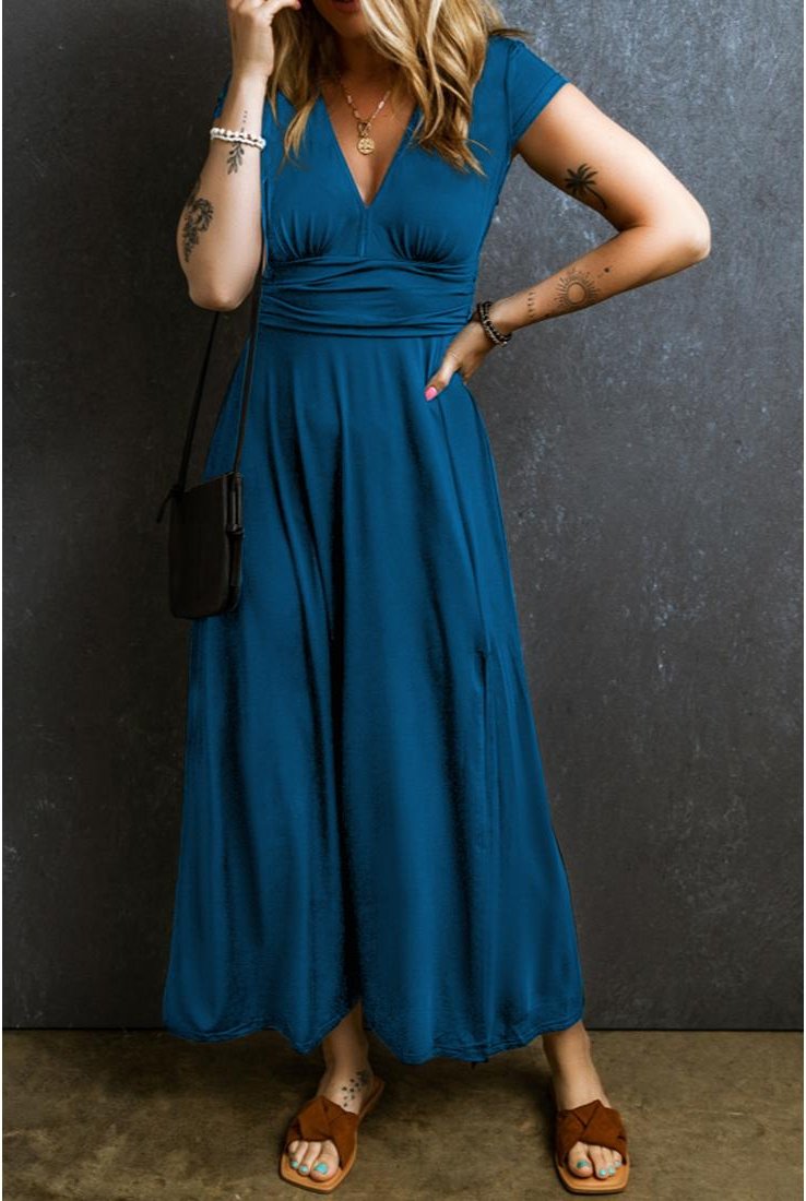 Thumbnail - Azura Exchange Pfauenblau Kurzarm Raffung Hohe Taille V-Ausschnitt Maxi-Kleid