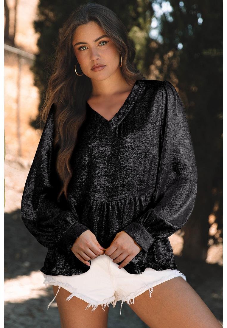 Thumbnail - Azura Exchange Schwarz Metallic Rüsch V-Ausschnitt Puffärmel Babydoll Bluse