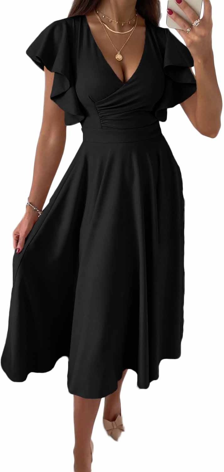 Rüschensleeve A-Linie Midi-Kleid