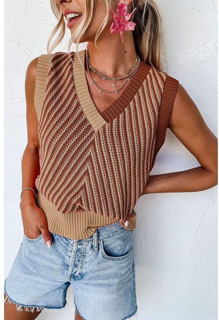 Azura Exchange Leichtes Französisches Beige Kontrast Chevron Strick V-Ausschnitt Sweater-Weste