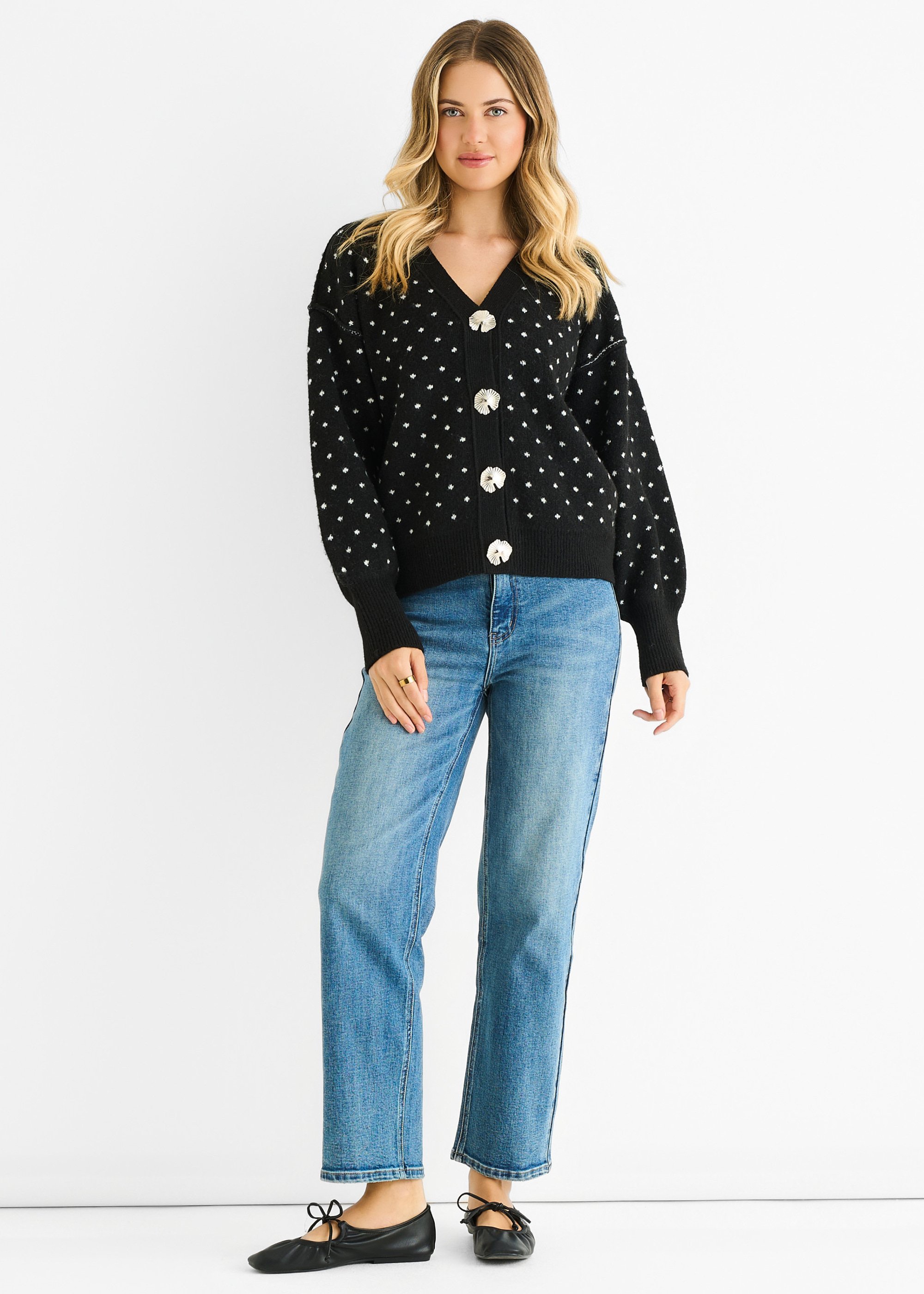 Thumbnail - Schwarzpunkt-Print-Knopf-Cardigan-Look-Pullover