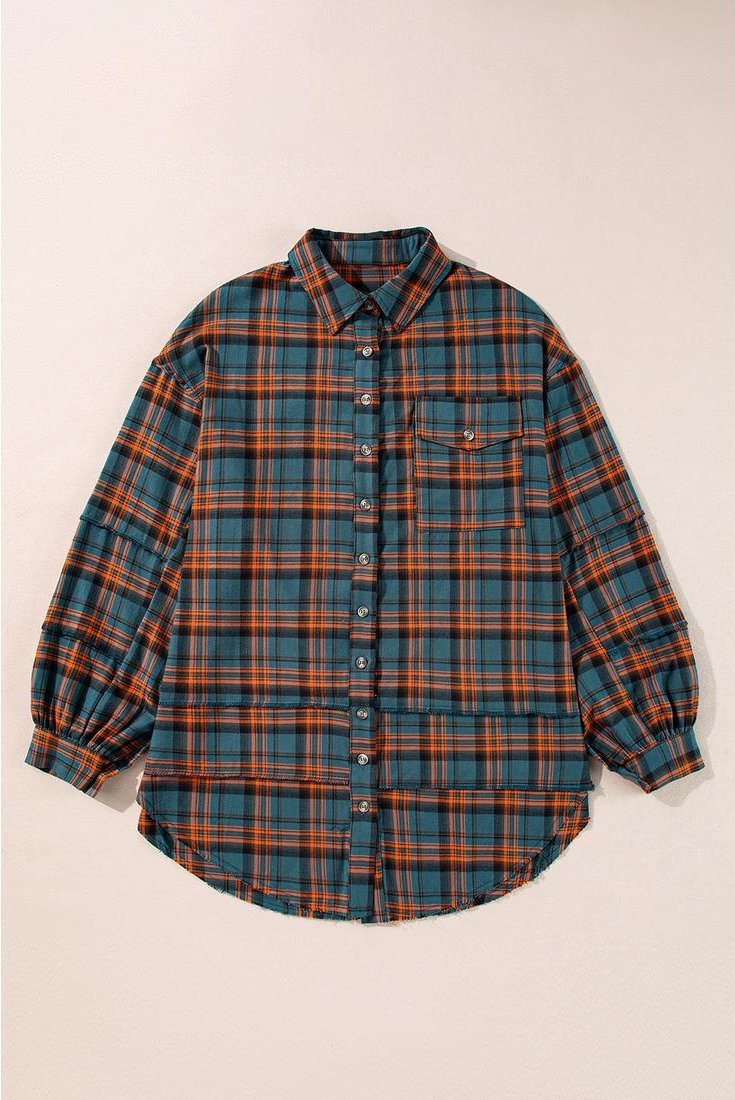 Thumbnail - Azura Exchange Grünes Karomuster Langarmshirt mit seitlichem Schlitz und ausgefranstem Saum