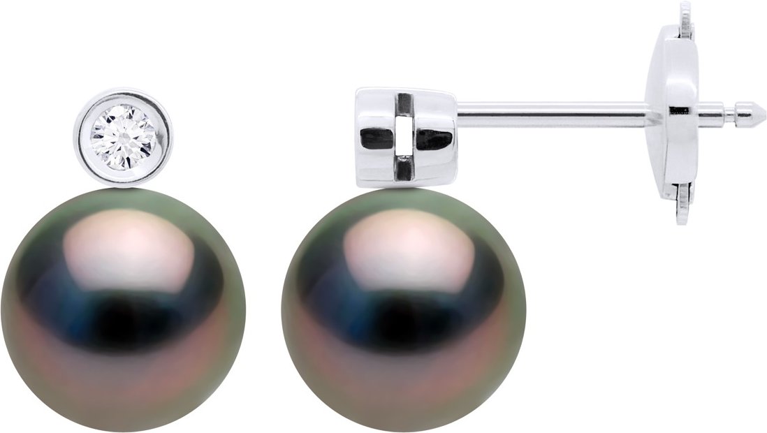 Ohrringe Schmuck Prestige Diamanten 0,06 cts – GESCHLOSSENES SET 2 x 0,03 cts – mit echten Tahiti-Zuchtperlen, rund 8–9 ...