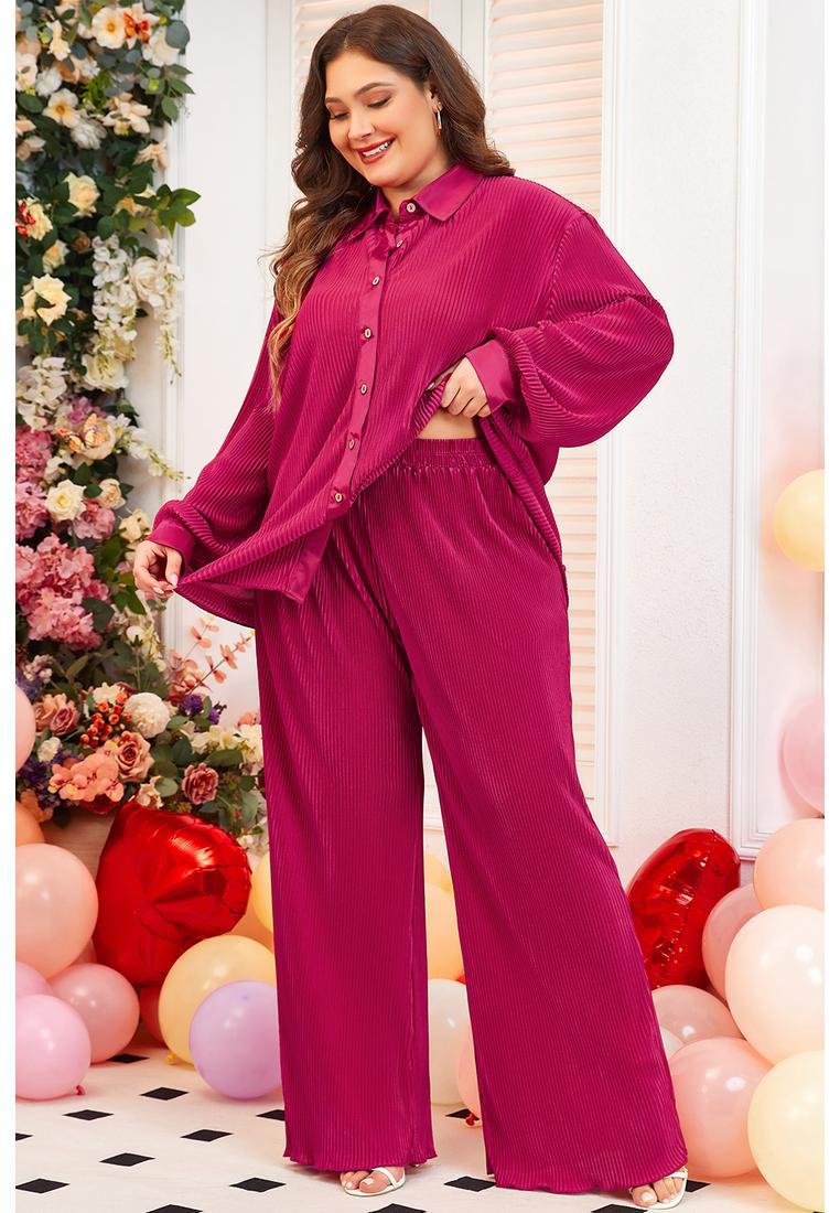 Thumbnail - Rosa Rote Plus-Size Geripptes Langarmshirt und Hosen Pyjama-Set