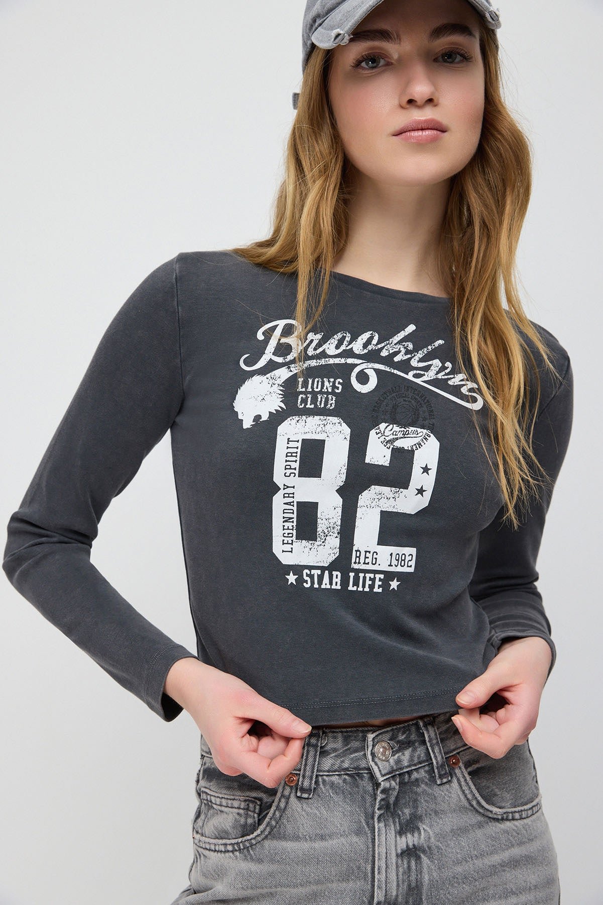 Langarm Acid Wash Bedrucktes T-Shirt