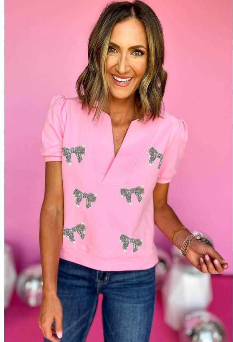 Thumbnail - Azura Exchange Pink Sequin Schleifen-Knoten Aufnäher Kragen V-Ausschnitt T-Shirt