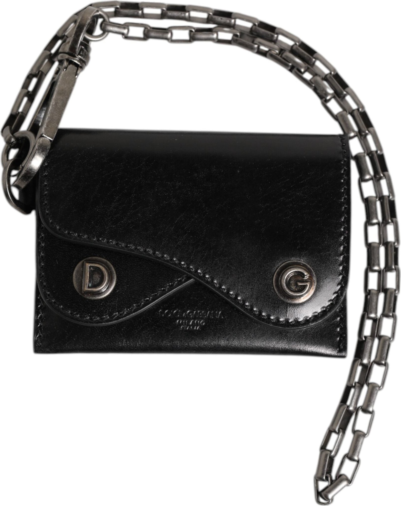Dolce & Gabbana Schwarze Cavallo Leder Geldbörse Kette Snap Bifold Kartenhalter