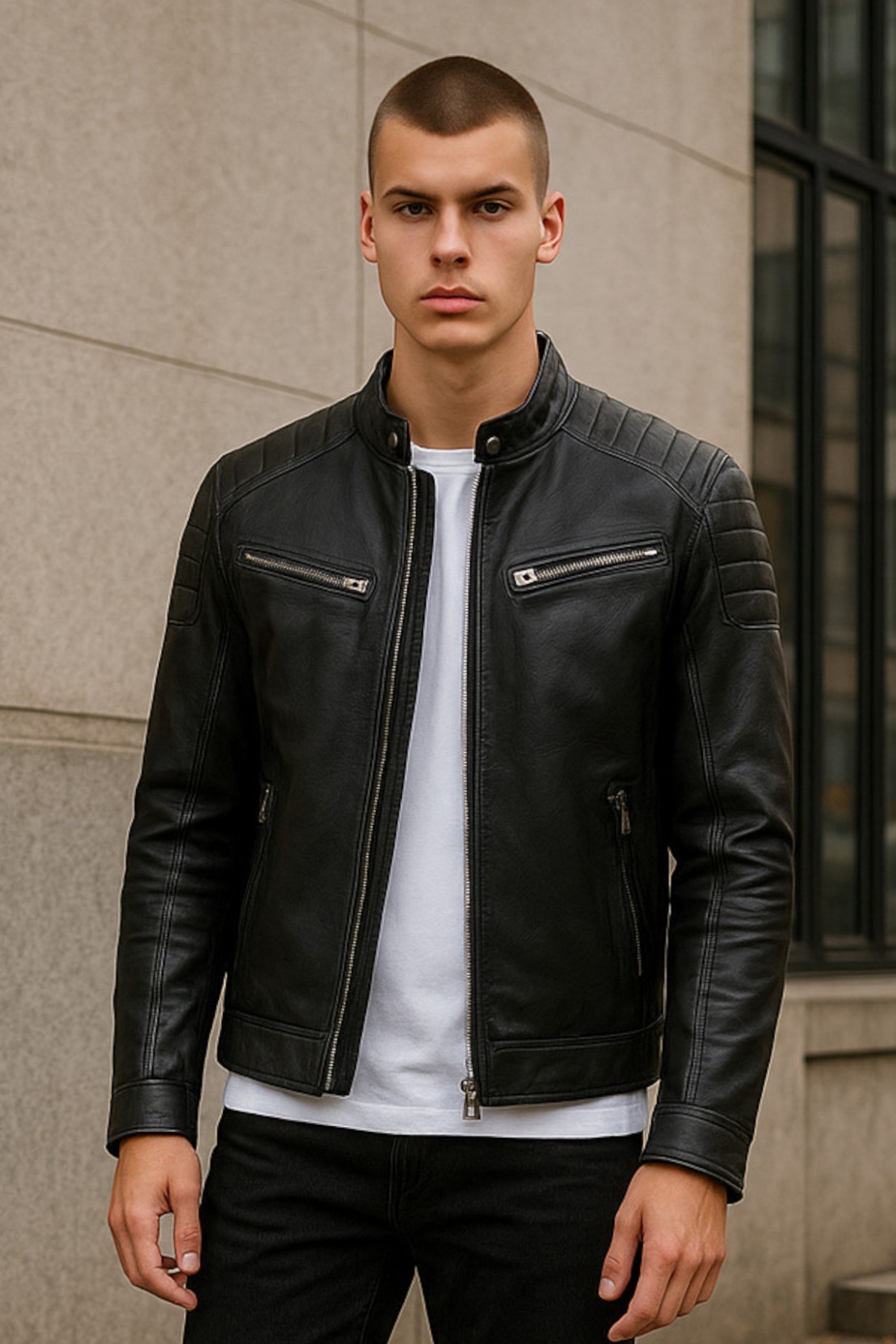 Moderne, klassische, gesteppte Bikerjacke aus schwarzem Leder für Herren – Smithton