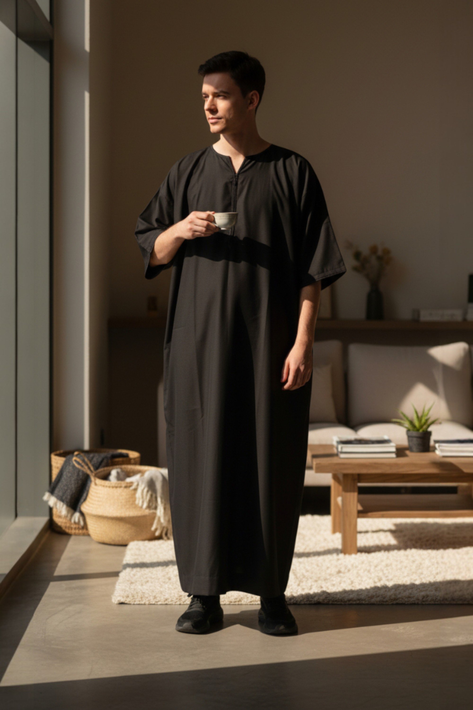 Schwarzes Ramadan-Marokkaner-Gandura-Thobe-Gewand für Herren, Djellaba, Eid Jubba, LFS-TT-006