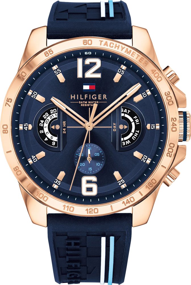 Stylische Herrenuhr von der Marke Tommy Hilfiger. Die Uhr hat ein Kautschukarmband, das auch kleiner gemacht werden kann...
