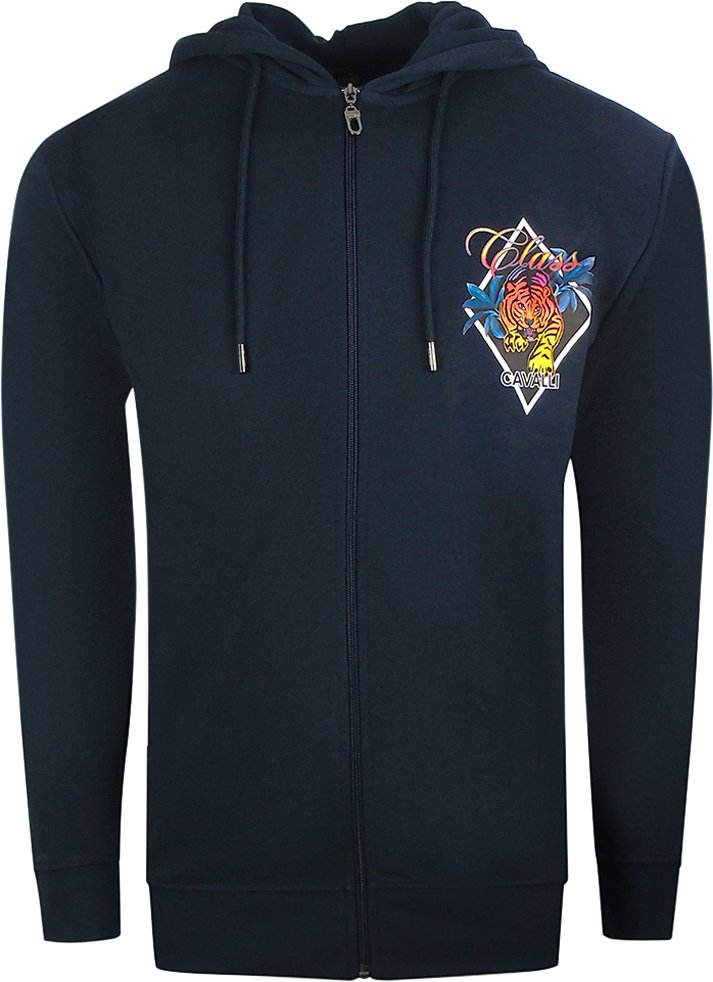 Thumbnail - Cavalli Class Diamond Logo Marineblauer Kapuzenpullover mit Rei�verschluss