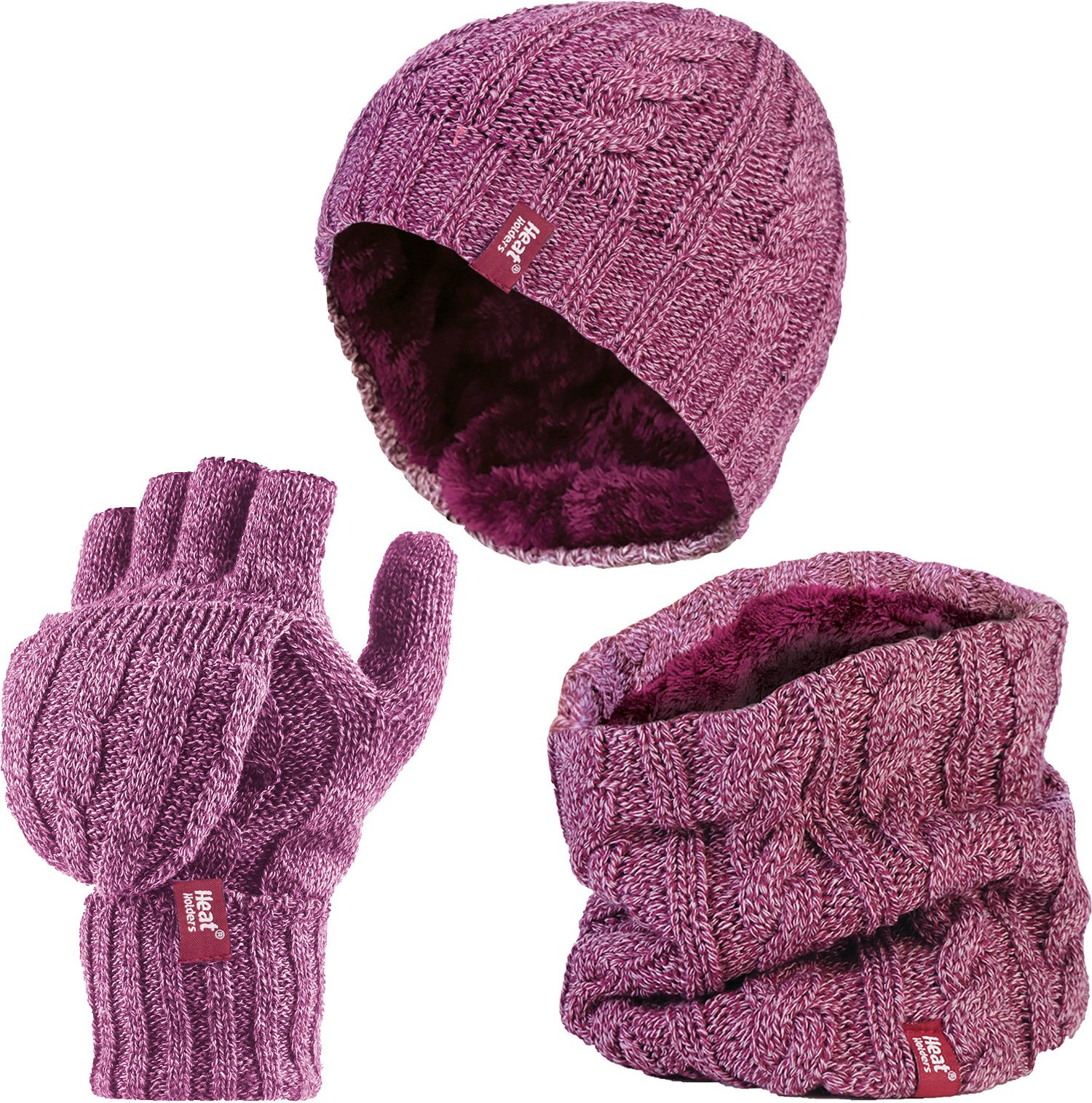Heat Holders - Womens Thermal Winter Fleece Mütze, Halswärmer und Konverter Handschuhe Set - Rose