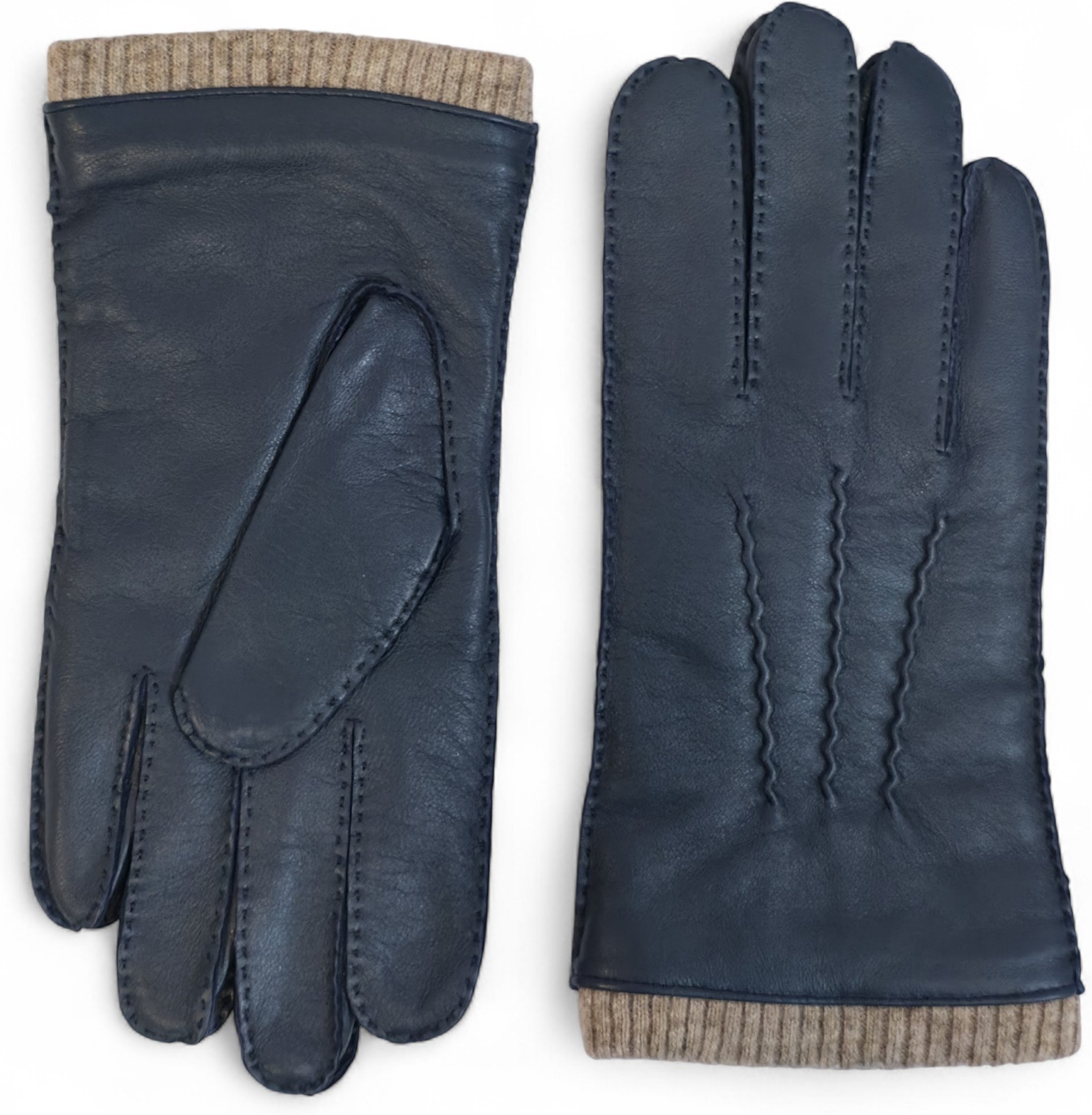 Herrenhandschuhe aus marineblauem italienischem Leder mit warmem Wollfutter, ideal für Winter, Reiten und Autofahren.