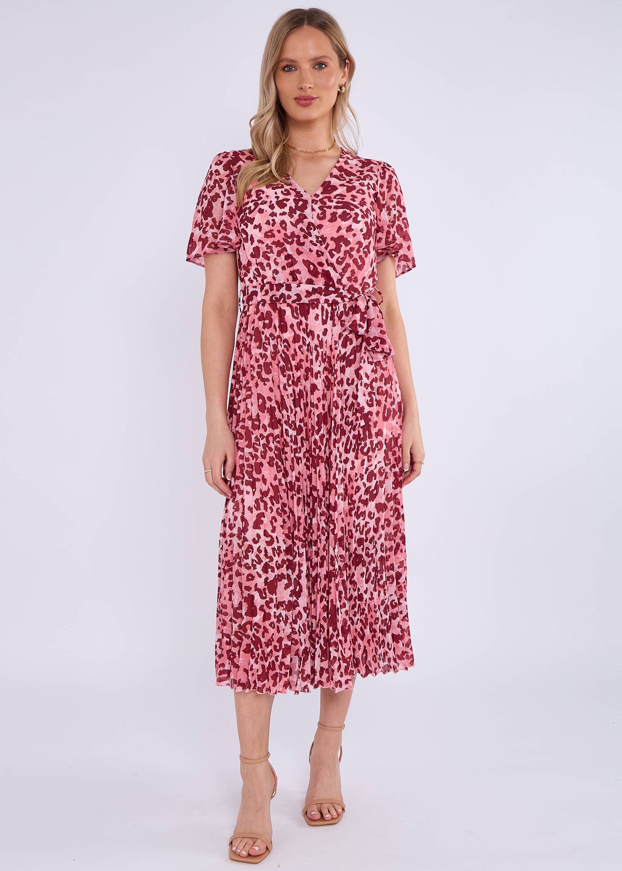 Pinkes Wickel-Midikleid mit Tiermuster und Plissee