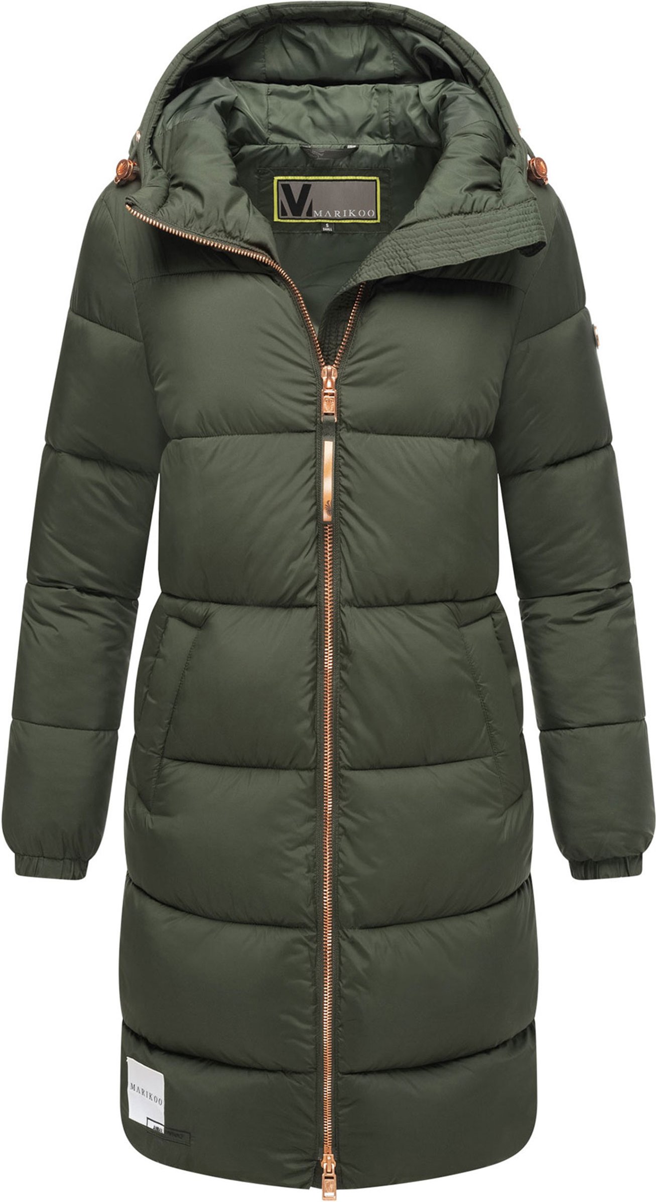 Marikoo lange Damen Steppjacke mit Kapuze & Kragen – Modell Nomadiaa