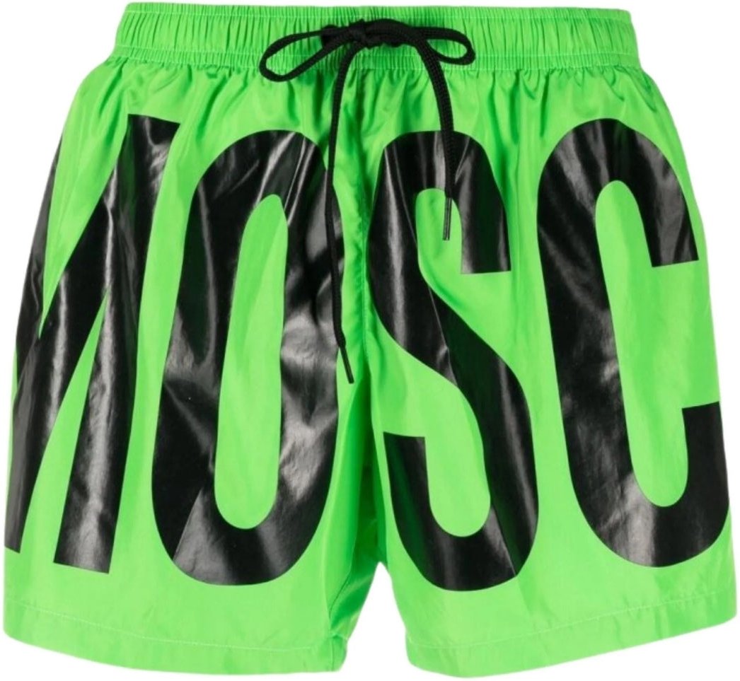 Grüne kurze Badeshorts mit Print-Logo der Marke Moschino