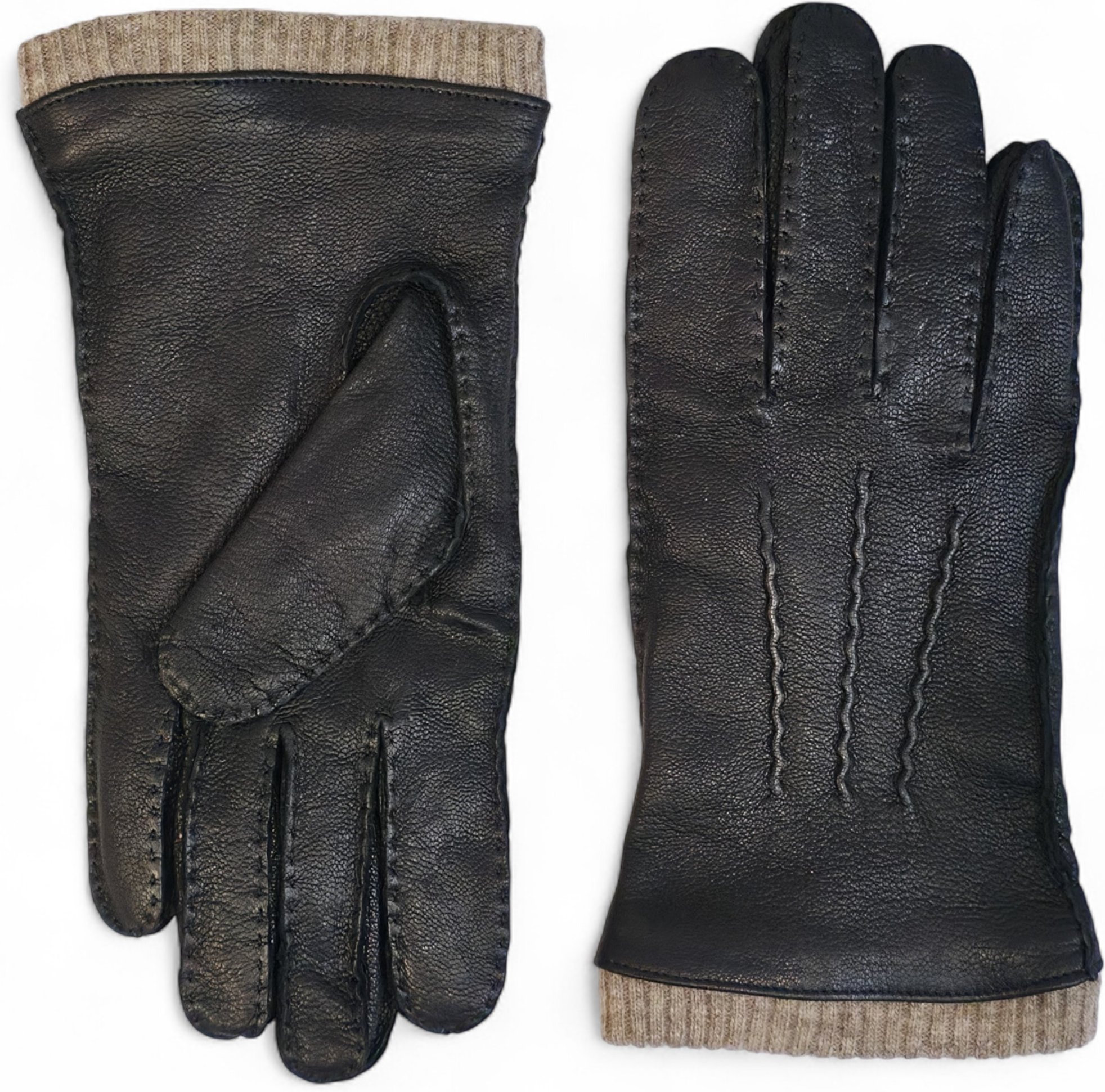 Schwarze Herrenhandschuhe aus italienischem Leder mit warmem Wollfutter, ideal für Winter, Reiten und Autofahren.