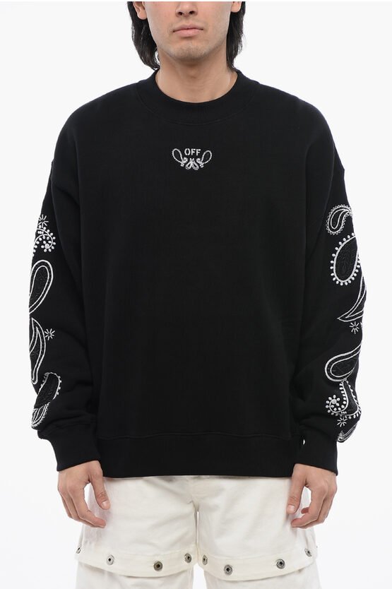 Sweatshirt mit Rundhalsausschnitt und BANDANA-Stickerei aus gebürsteter Baumwolle in Schwarz