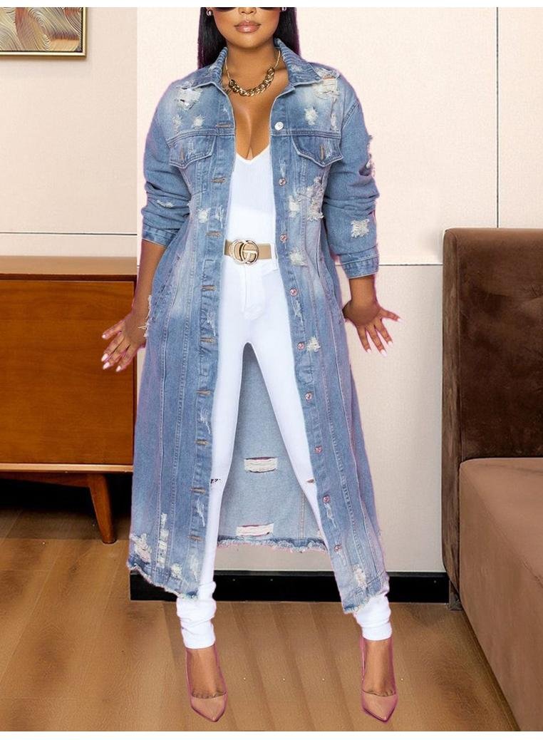 Damen Jeansjacke mit langen Ärmeln und rohem Saum