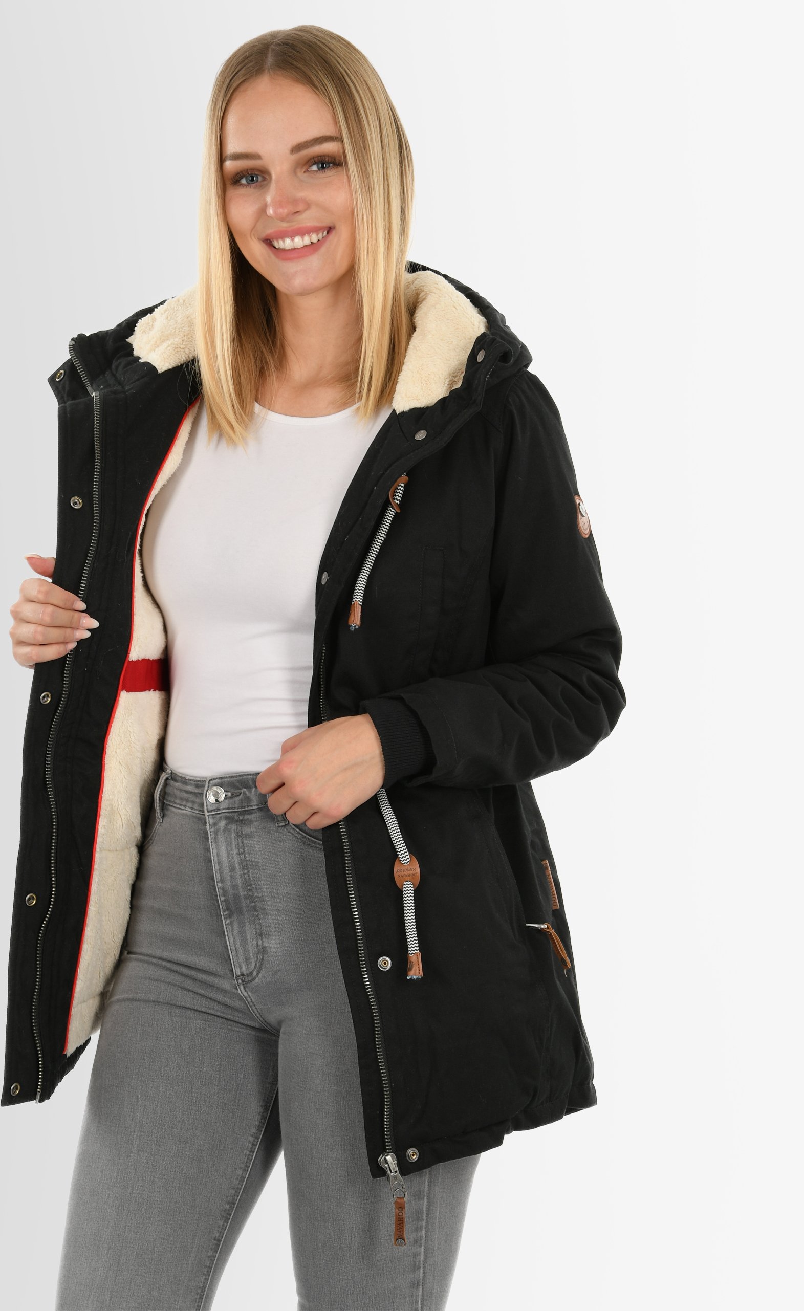 Thumbnail - Navahoo Ireliaa Damen Parka – Windabweisende Winterjacke mit Teddyfell & Kapuze - Schwarz
