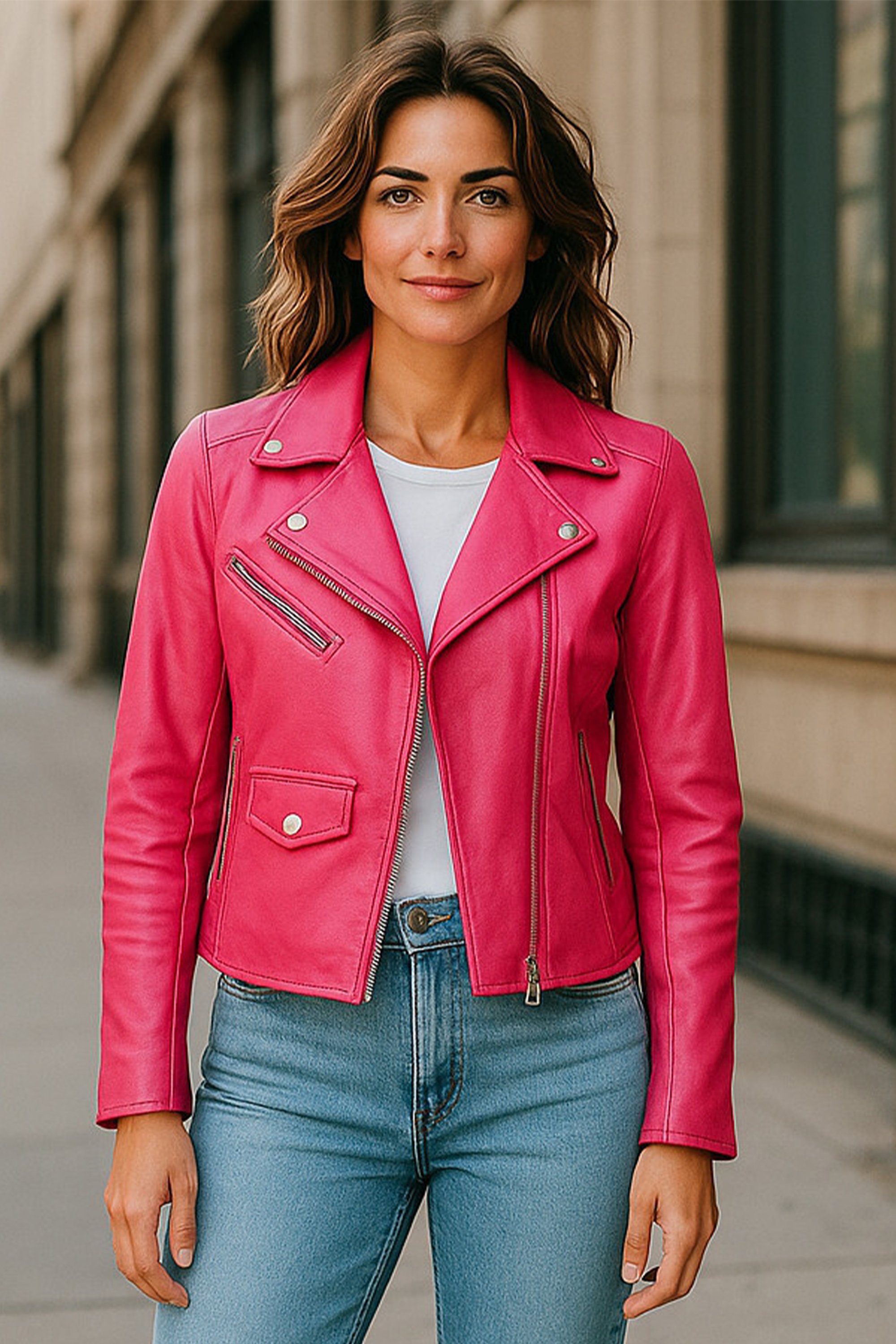 Klassische Brando Biker-Lederjacke für Damen in Fuchsie-Pink - Soweto