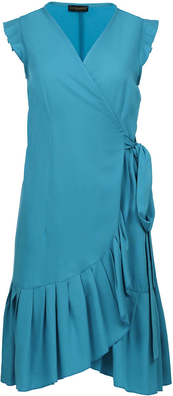 Türkisfarbenes ärmelloses Wickelkleid mit Rüschen aus Viskose-Popeline