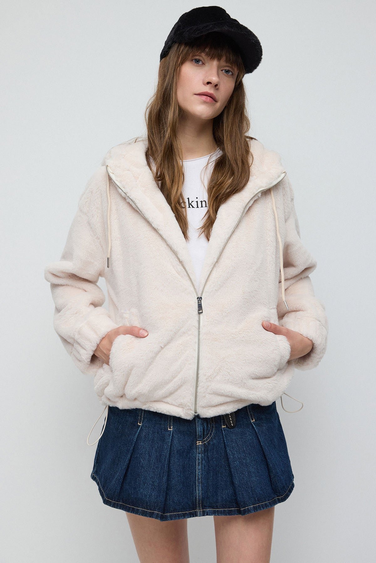 Ecru Reißverschluss-Fleecejacke