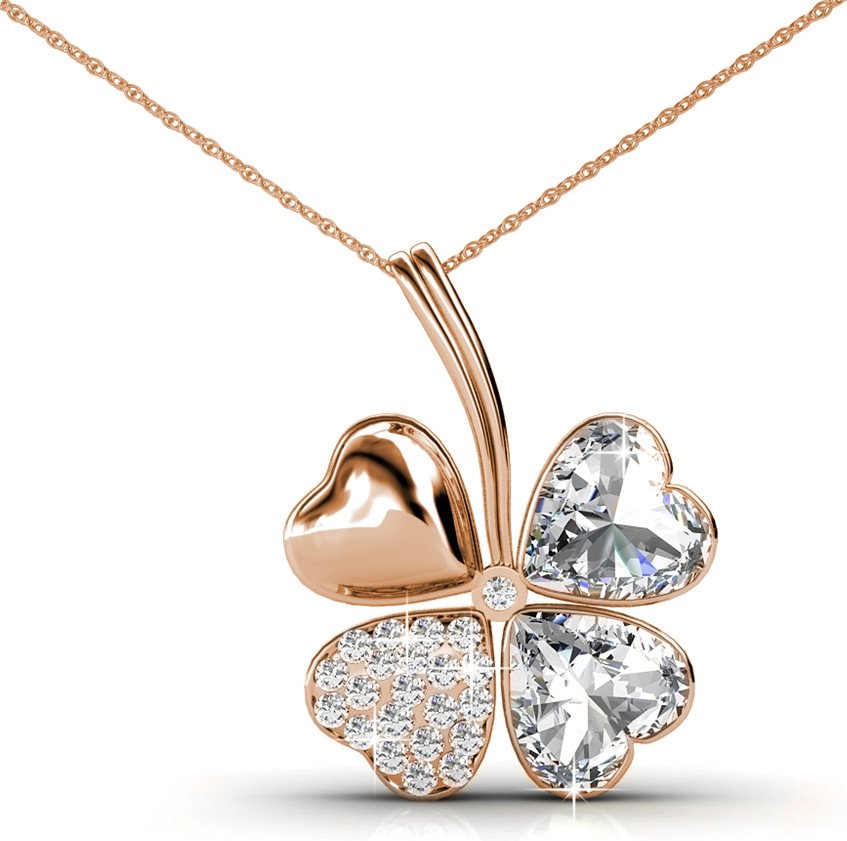 Anhänger mit vier Blättern - Roségold und Kristall