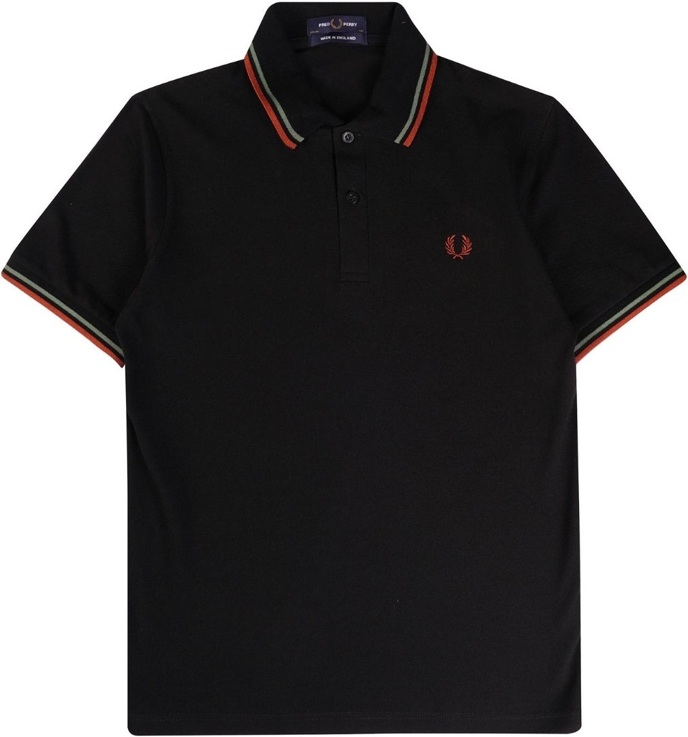 Grünes und braunes schwarzes Poloshirt mit Doppelstreifen von Fred Perry