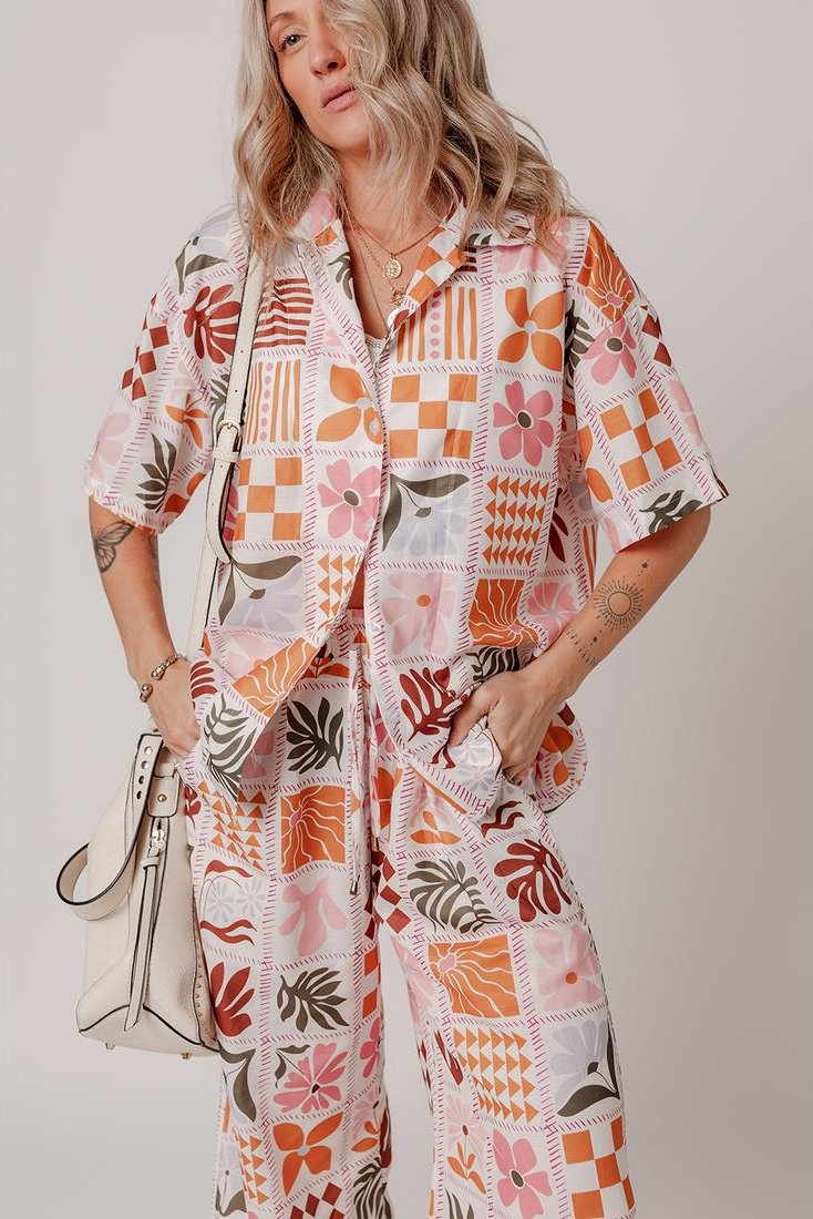 Thumbnail - Oranges Pflanzen Karo-Muster Hemd mit Kragen und Weite Beinstoffhosen Set