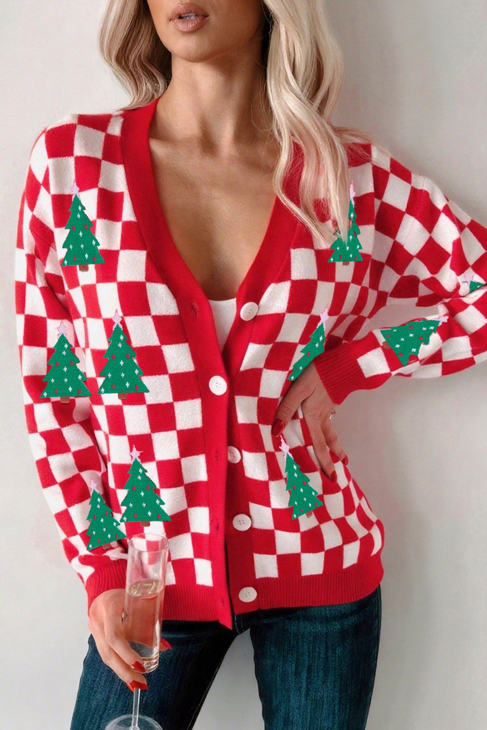 Karierter Weihnachtsbaum-Cardigan