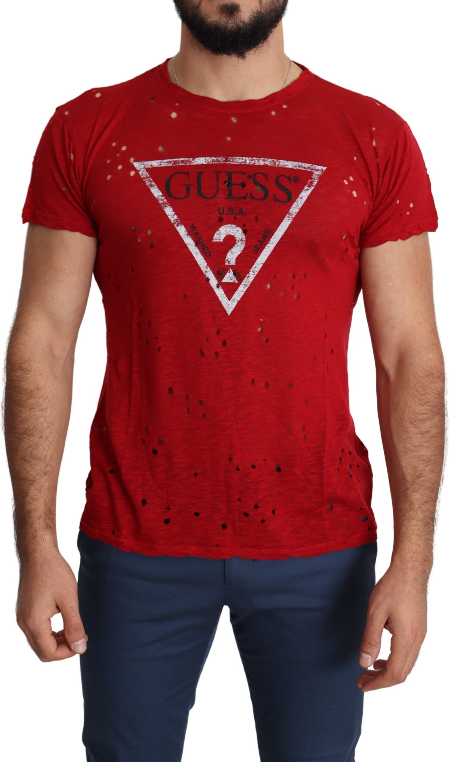 Guess Red Cotton Logo Print Men's Casual Top Perforated T-shirt