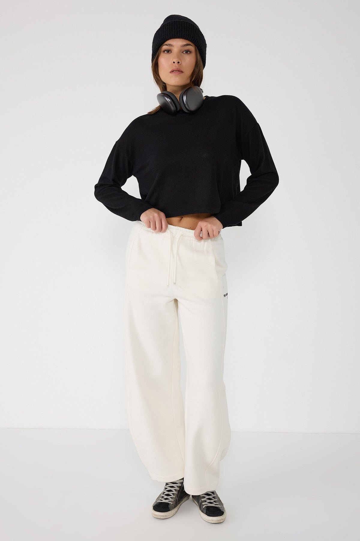 Ecru High-Waisted Weite Bein Jogginghose mit Detailbeschriftung