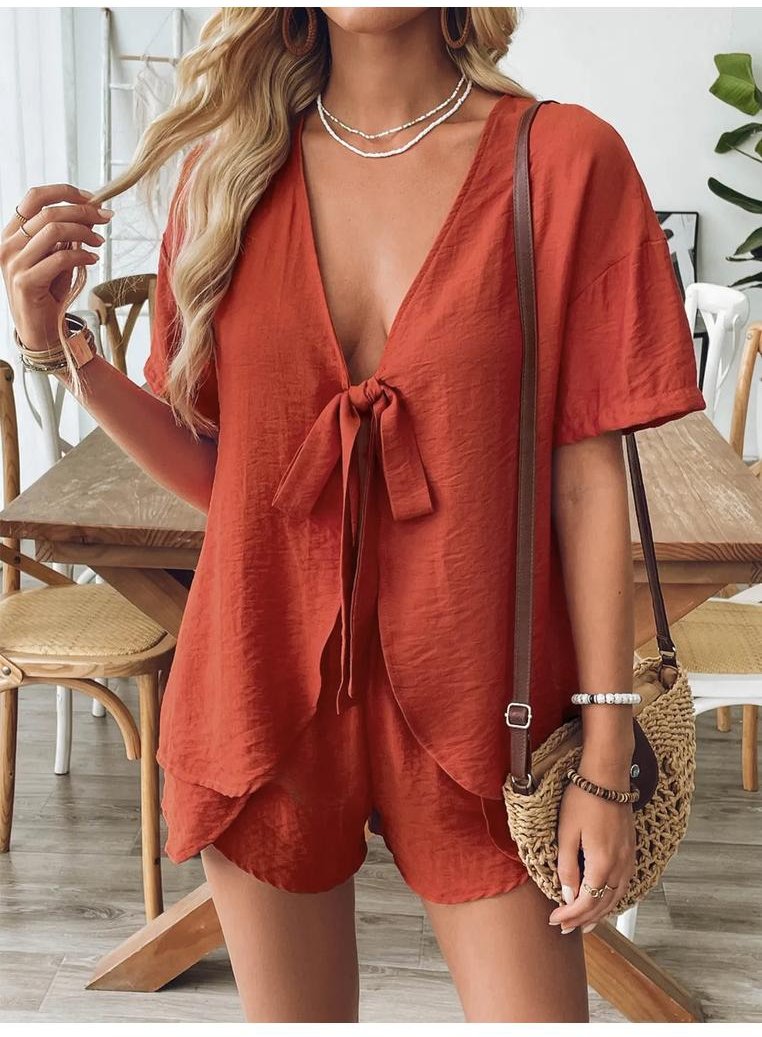 Thumbnail - Damen Top mit Schnürung und Shorts Set mit kurzen Ärmeln