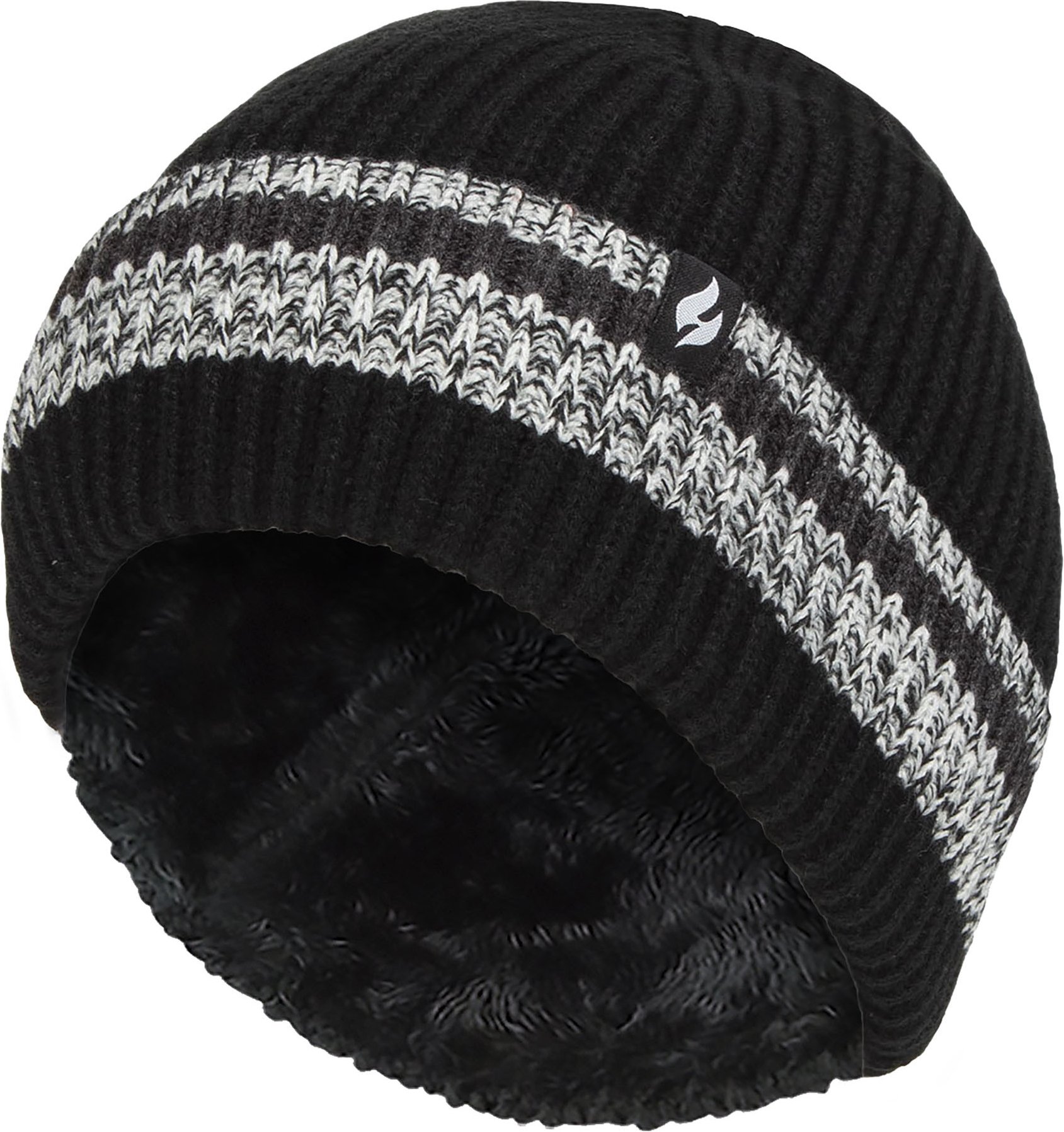 Mens Turnover Cuff Winter Beanie | Wärmehalter | Gestrickte gestreifte Thermomütze - Schwarz