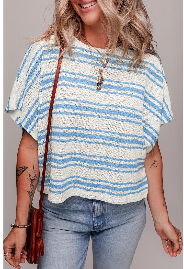 Himmelblauer gestreifter Boxy-Fit Pullover T-Shirt mit weiten Ärmeln