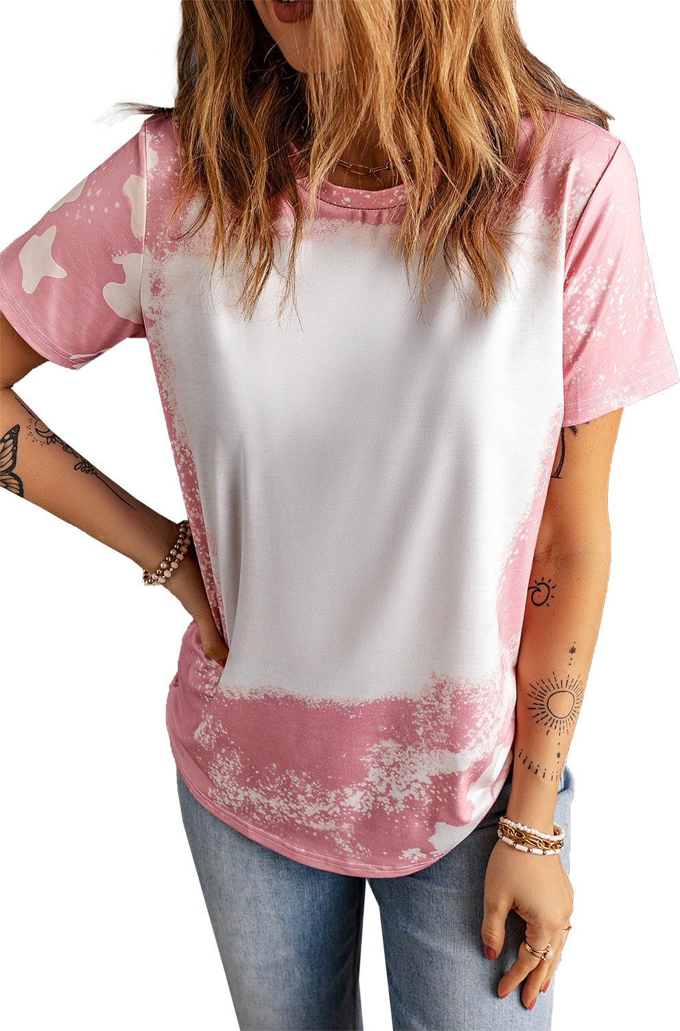 Rosa Batik-Farbgebleichtes T-Shirt mit kurzen Ärmeln