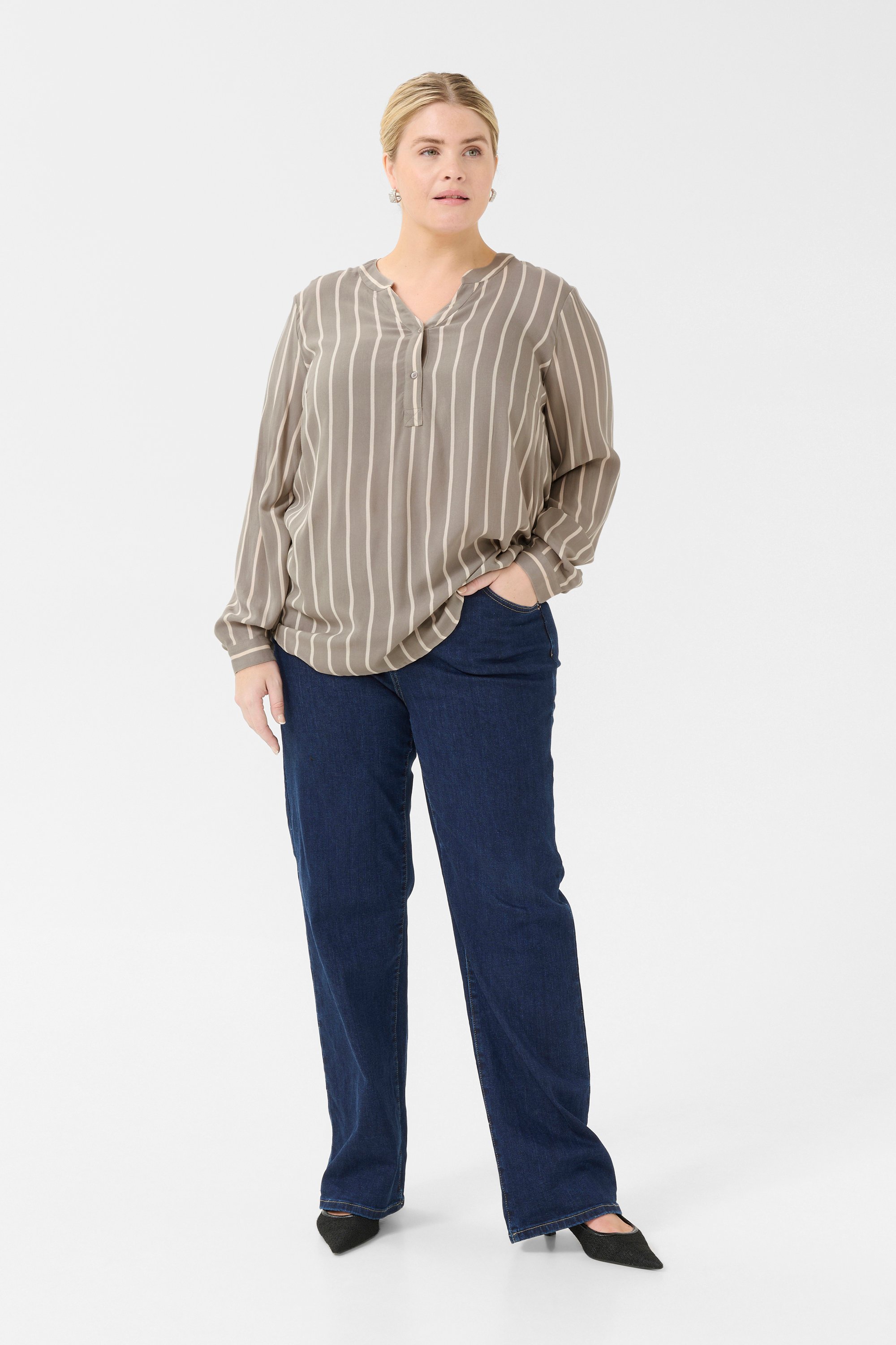 Langarm-Bluse Regular fit Elephant Skin / Beige Stripe grey