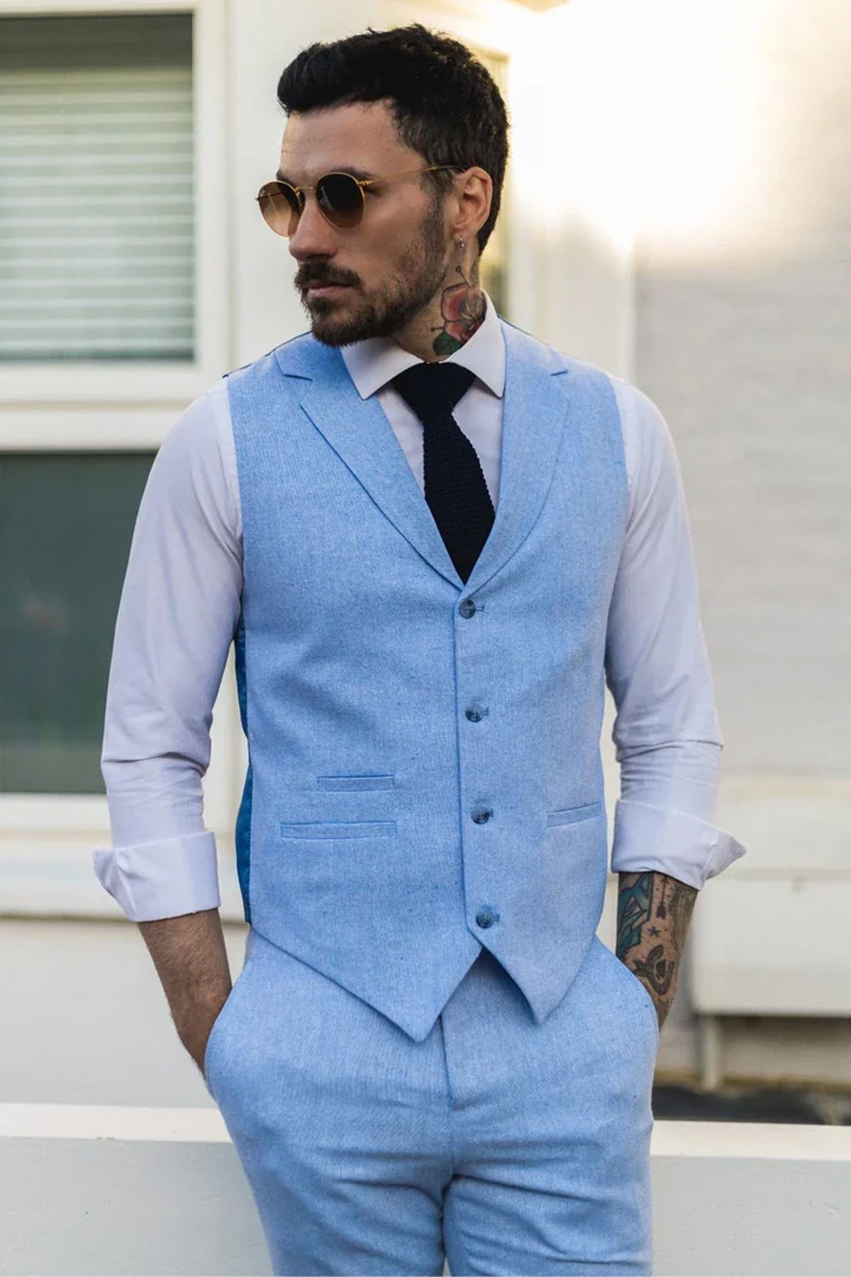 Thumbnail - Herren Sommer 2-Teiler Anzug Leinen Formal Blau Weste Hose