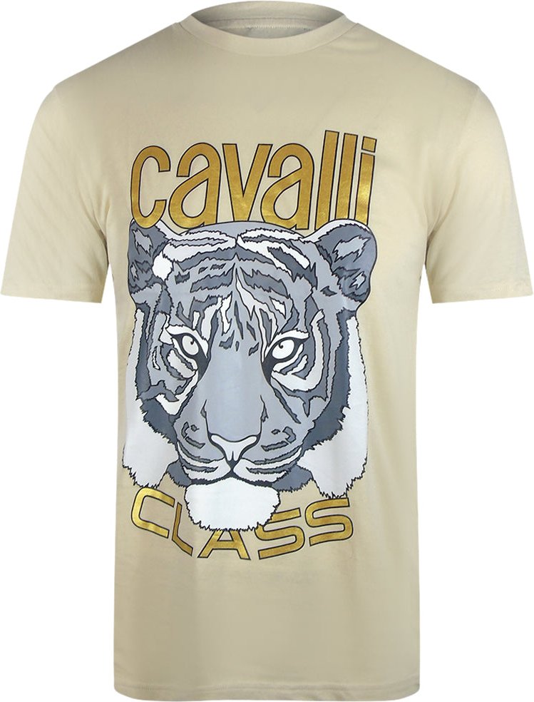 Cavalli Class - T-shirt In Beige Und Sand Mit Kräftiger Tiger-grafik