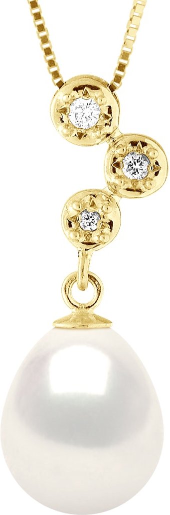 Halskettenschmuck mit Diamanten von 0,06 Karat – hochwertiges HSI-Gelbgold und echte Süßwasser-Zuchtperle im Birnenforma...