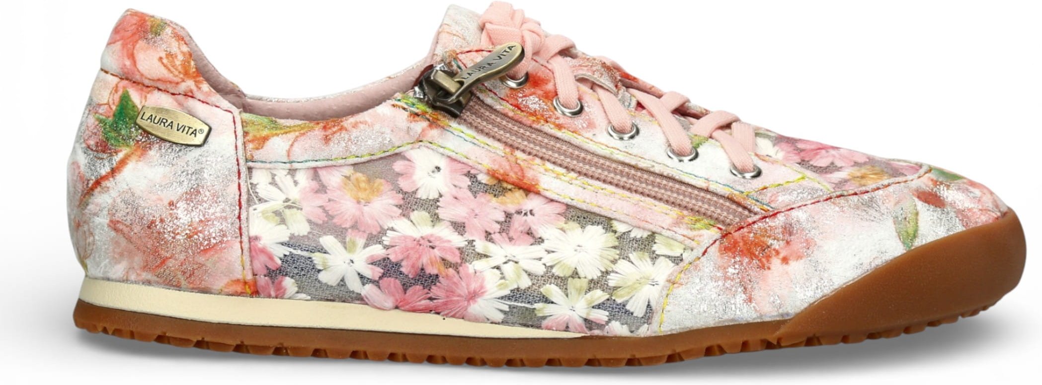 Laura Vita Damen-Sneaker Tivanao-05 aus rosafarbenem Leder mit Blumenmuster und Reißverschluss