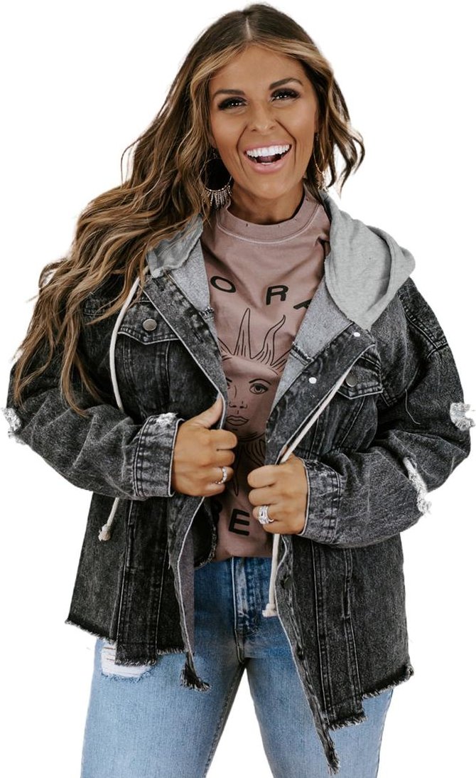 Thumbnail - Azura Exchange Kapuzenjacke aus ausgefranstem Denim mit Kordelzug