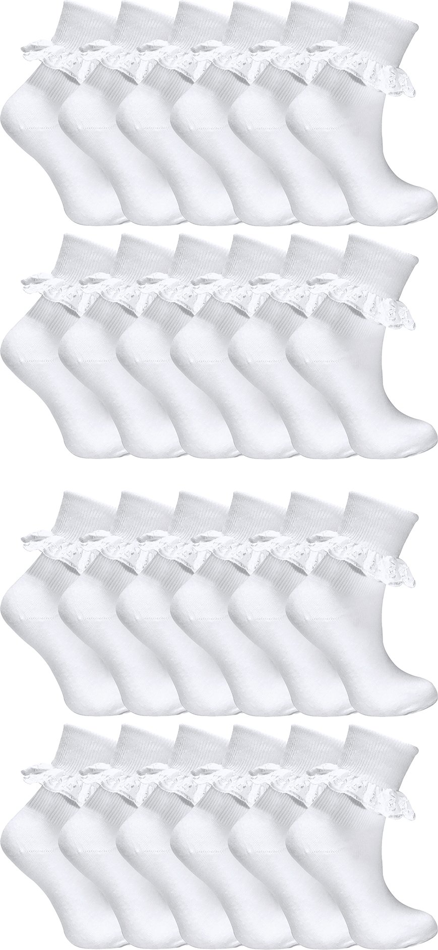 24 Paar Mädchenspitze Socken Multipack | Hübsche Baumwoll-Söckchen mit Rüsche in Weiß | Ideal für die Schuluniform - Wei...