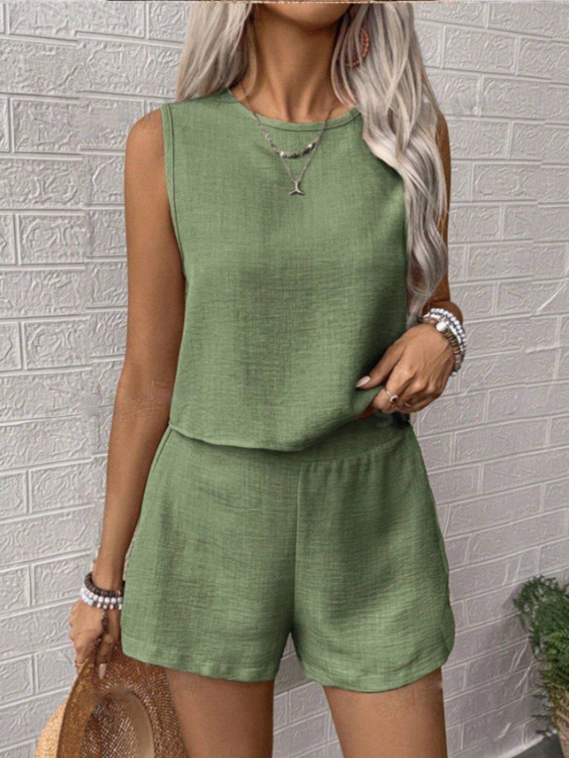 Leinen Shorts Set ohne Ärmel Top