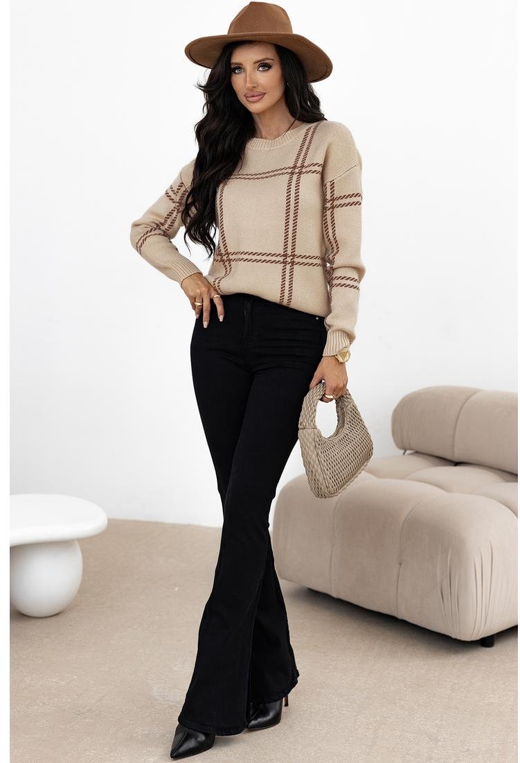 Thumbnail - Azura Exchange Khaki Karo-Muster Strickpullover mit Fallenden Schultern