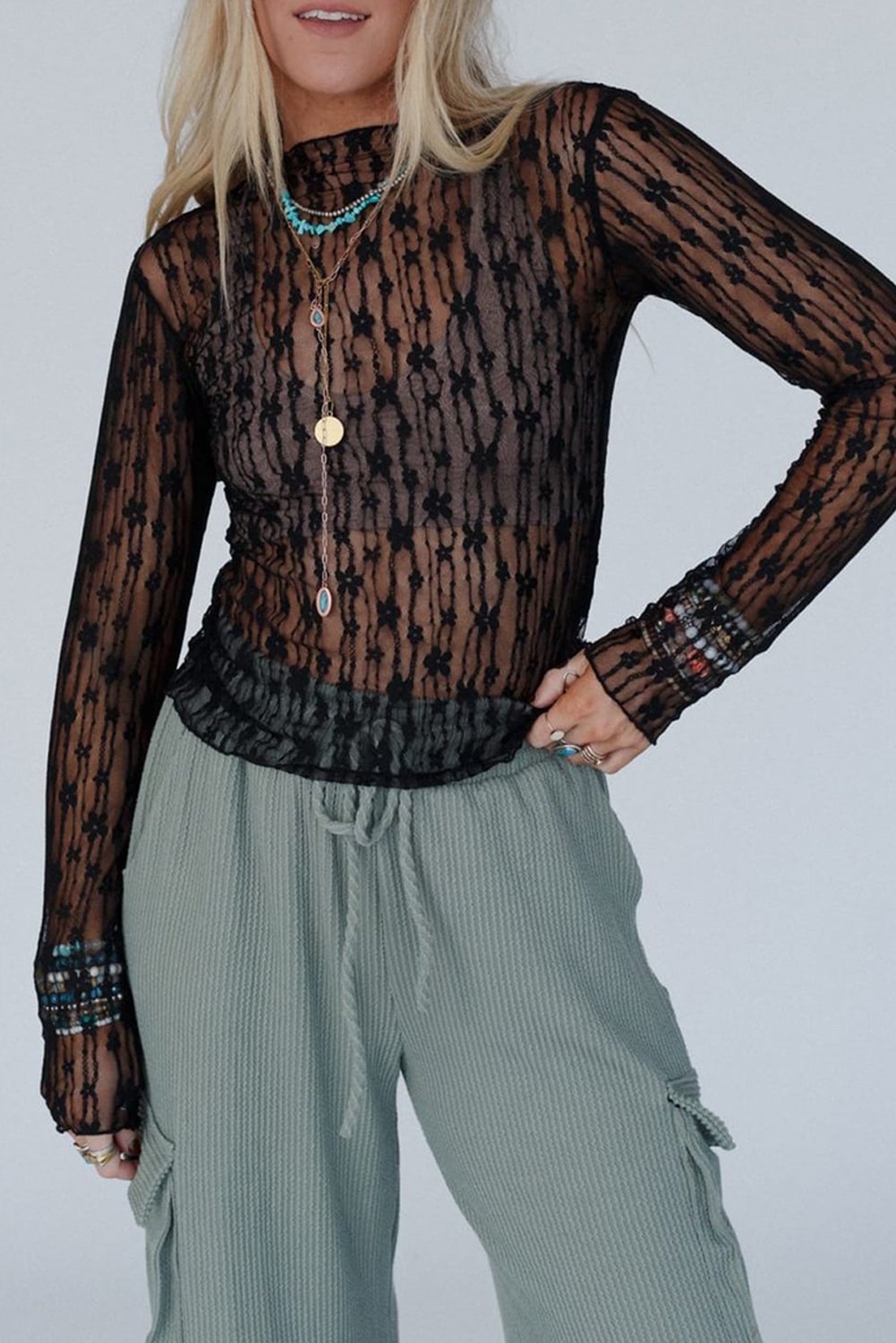 Blumen-Spitzenlangärmliges Oberteil