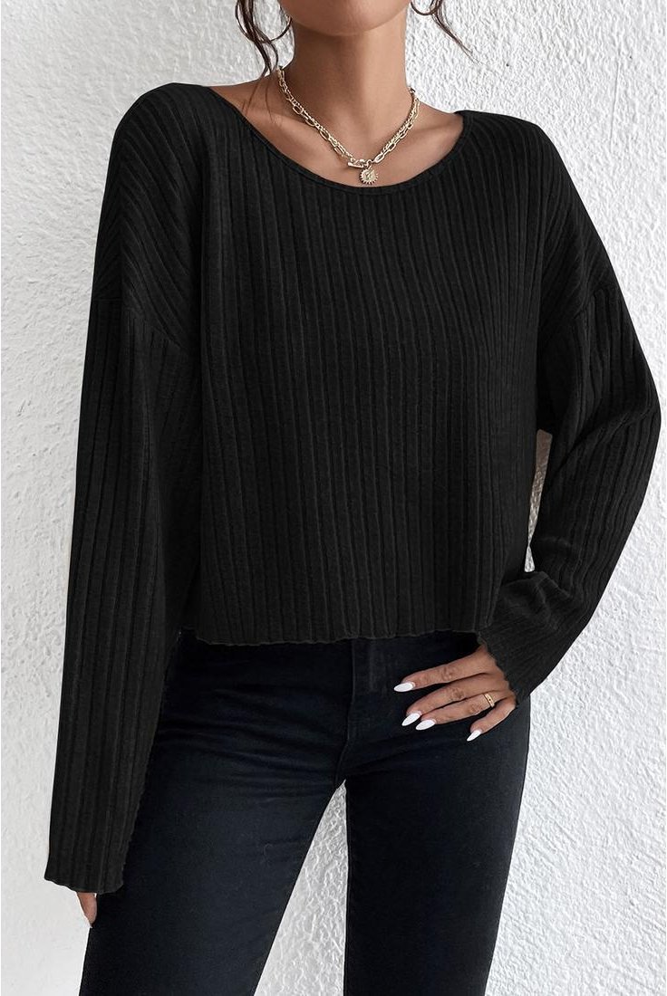 Damen Rippstrick Rundhals-Drop-Shoulder Langarmoberteil