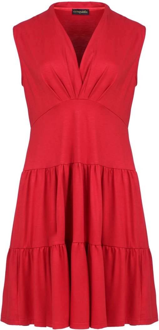 Thumbnail - Rotes ärmelloses Jerseykleid mit V-Ausschnitt – lockere Passform, knielang